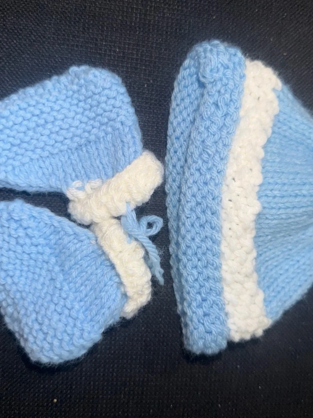 Hand-Knit Baby Blue and White Hat & Mittens Set